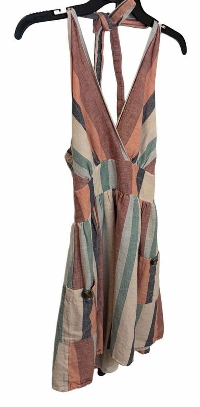 American Eagle Striped Halter Dress Size XS Cotton Linen Pockets Boho Fall - Picture 2 of 5